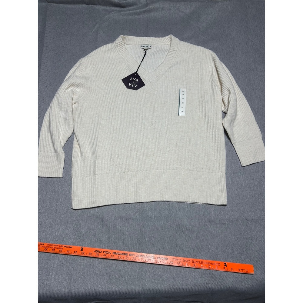 Ava & Viv Sweater Womens 2X Cream Ribbed Knit‎ V-Neck Pullover Chunky